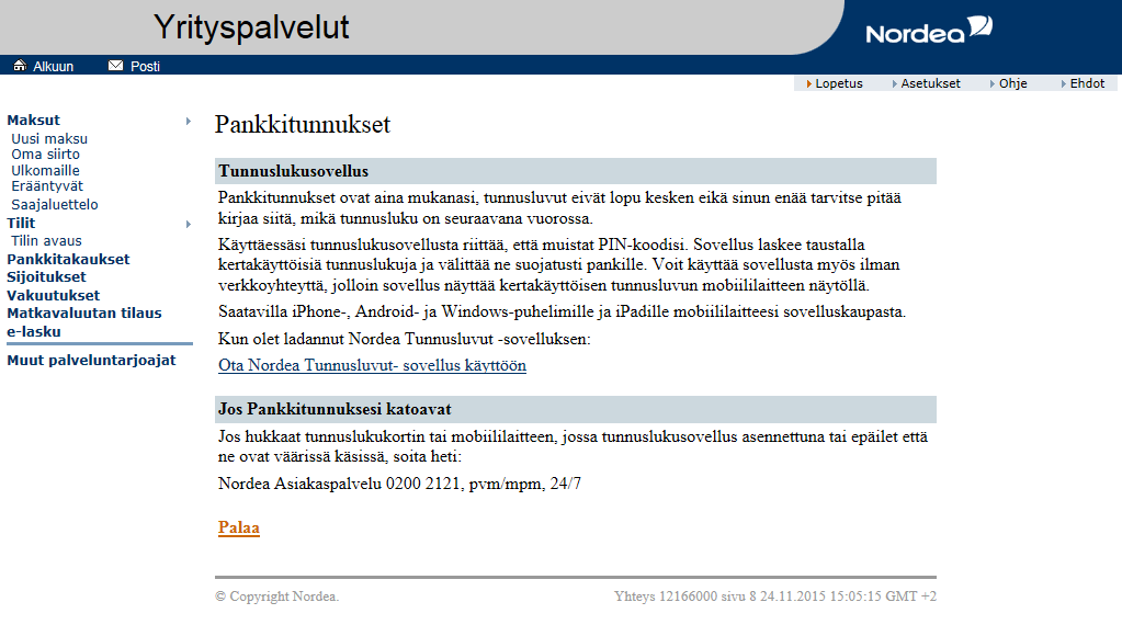 Tunnuslukusovellus - Yritysasiakkaat | Nordea.fi