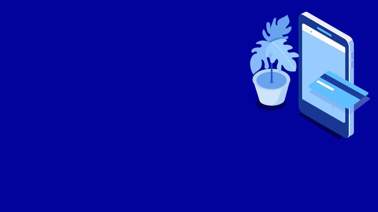 Puhelin, kortti ja huonekasvi sinisellä pohjalla